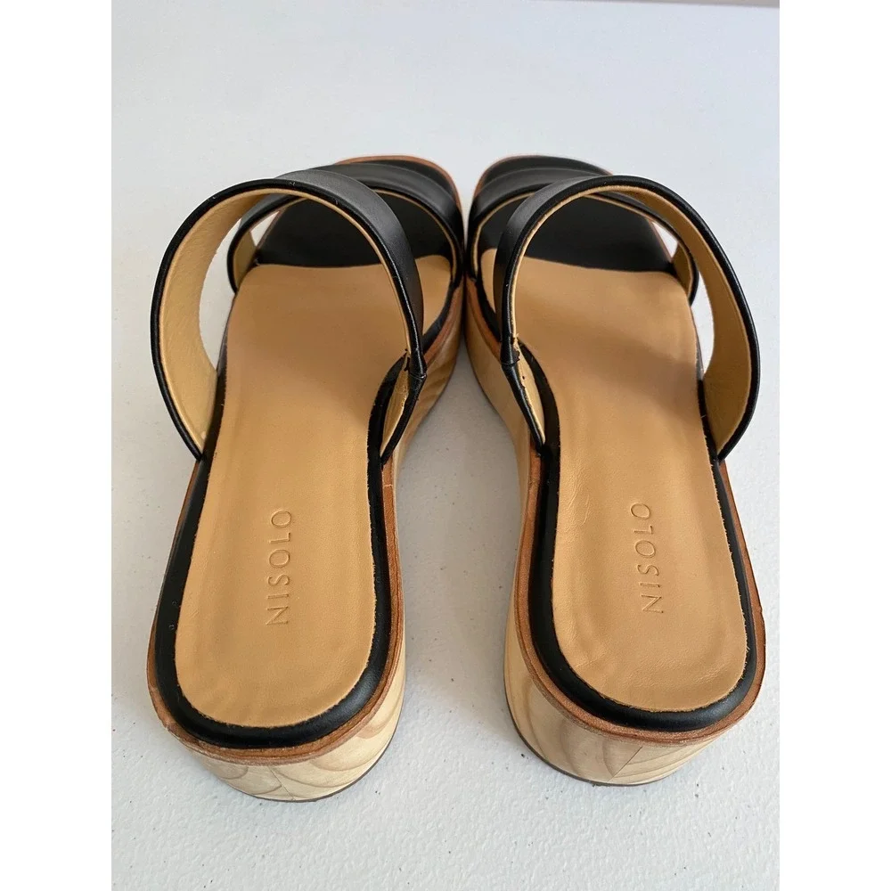 Nisolo NEW Double Strap Wood Bottom Heels Sandal Black Leather Slide Women‎ 7.5